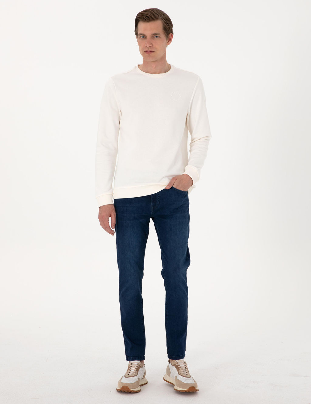 Ekru 3 _plik Regular Fit Bisiklet Yaka Basic Sweatshirt