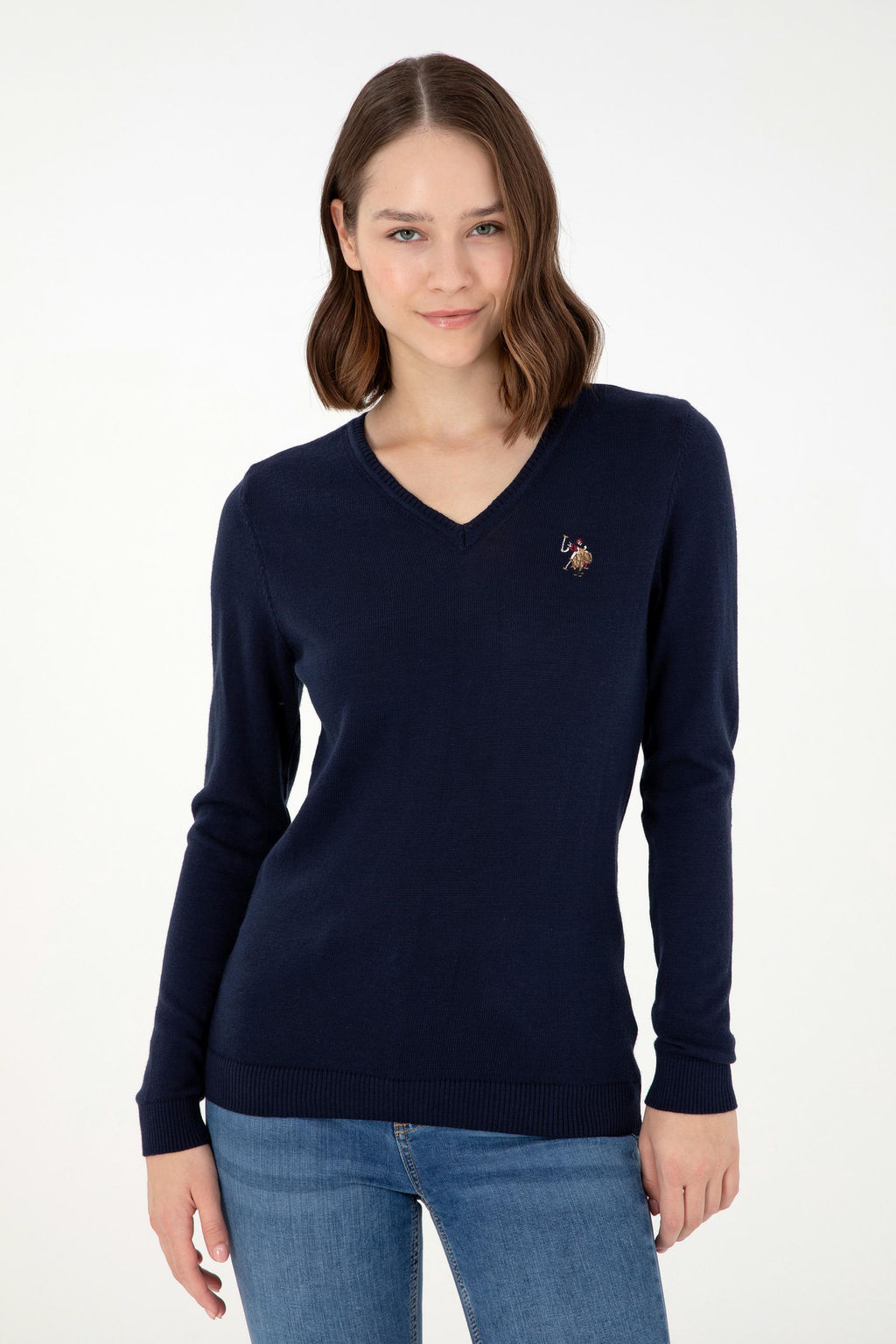 Женский темно-синий базовый свитер с v-образным вырезом Неожиданная скидка в корзине - U.s. polo assn фото 3