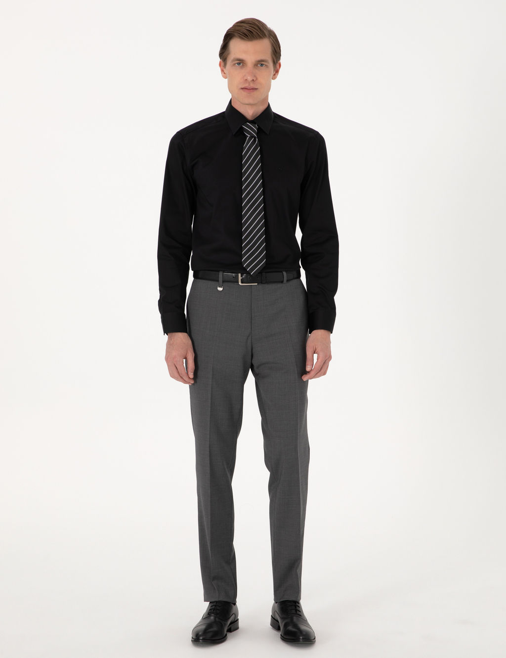 Siyah %100 Pamuk Parlak Saten Slim Fit Uzun Kollu Basic G_mlek