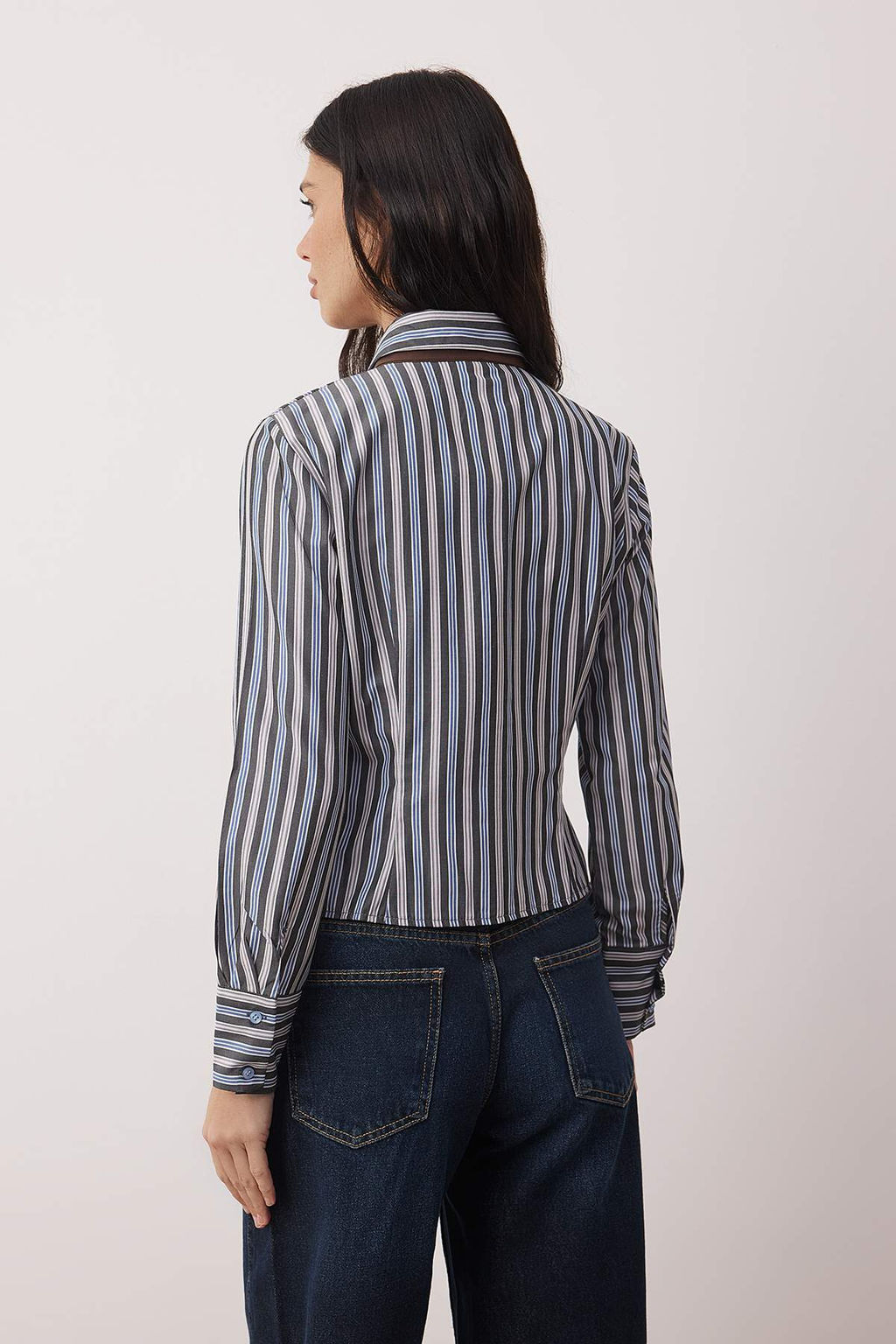 Kahverengi Mavi Cizgili Kravatl? Hafif Bele Oturan Gomlek TWOAW26GO00133 - Trendyolmilla фото 4