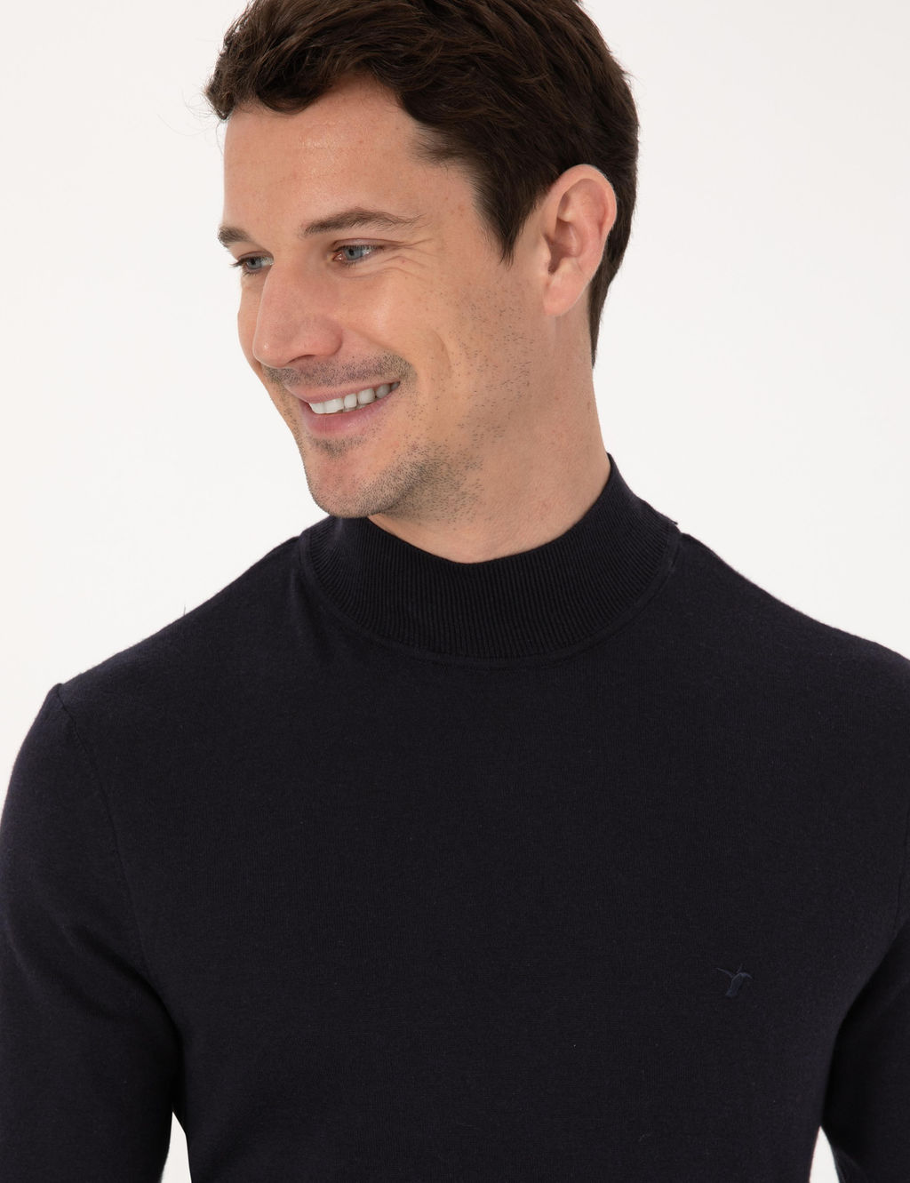 Lacivert Slim Fit Pamuk Kar___ml_ Yar_m Bal_k__ Yaka Basic Triko Kazak