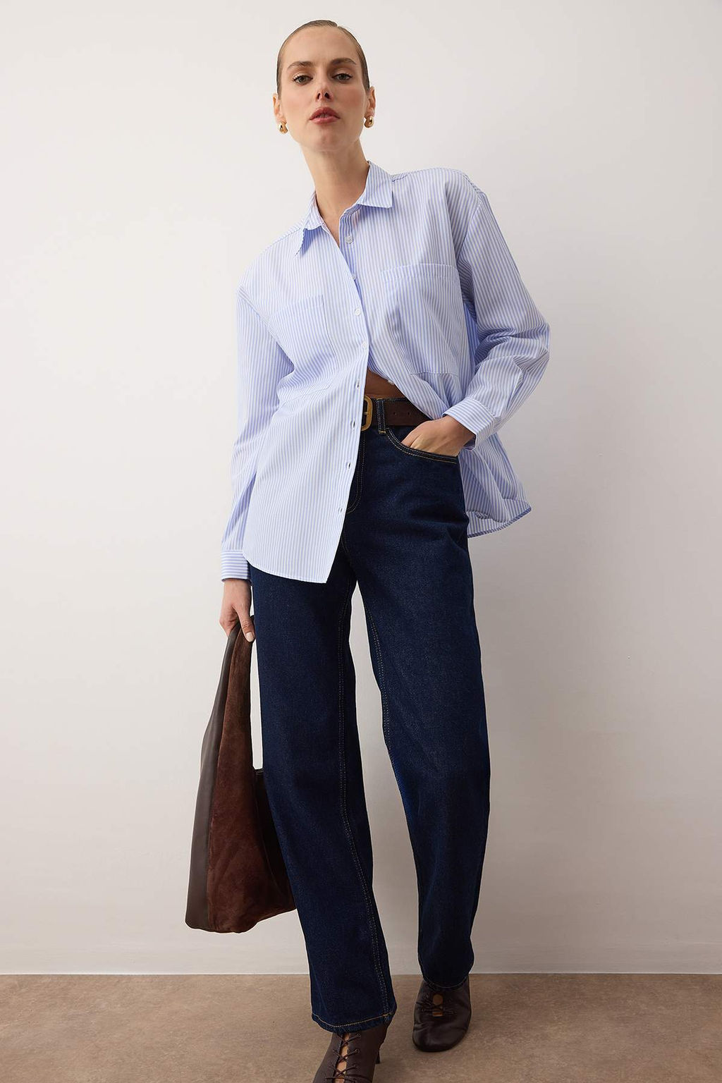 TRENDYOLMILLA Mavi Cizgili Cep Detayl? Oversize/Genis Kal?p Dokuma Gomlek TWOAW23GO00359  фото 38