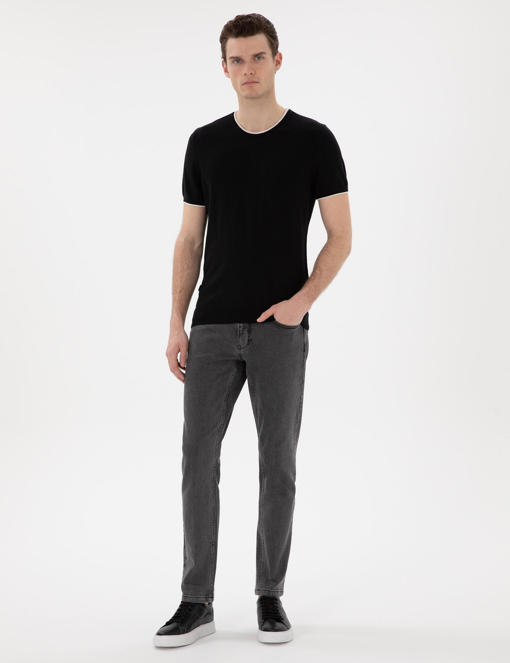 Siyah Slim Fit Bisiklet Yaka Triko Ti__rt - Pierre cardin фото 4