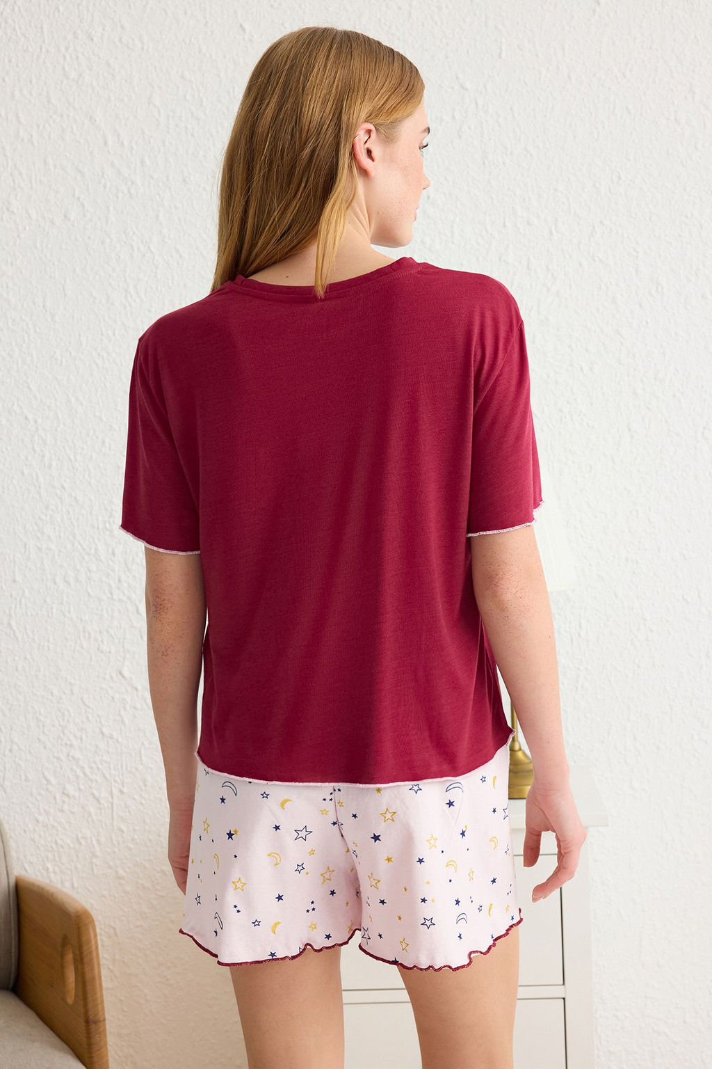 Trendyolmilla Gri Melanj Galaksi Desenli Baby Overlok Detayl? Sortlu Orme Pijama Tak?m? THMSS24PT00203 фото 5