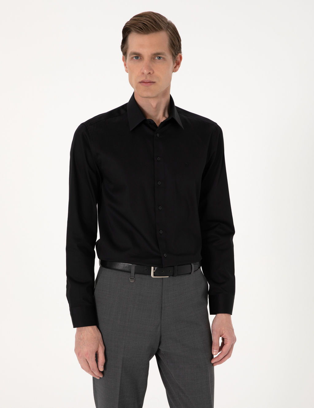 Siyah %100 Pamuk Parlak Saten Slim Fit Uzun Kollu Basic G_mlek