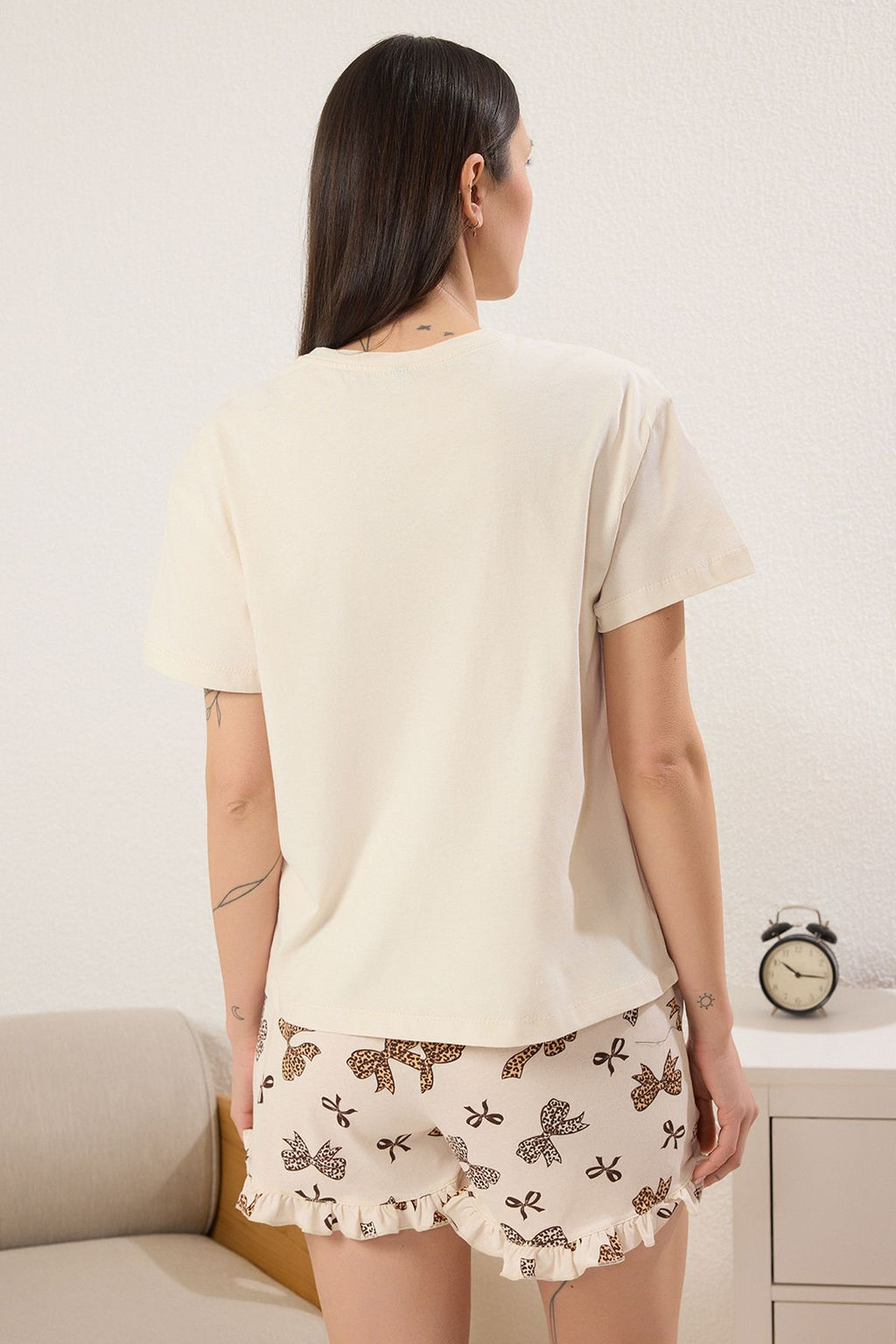 Trendyolmilla Bej 100% Pamuklu Leopar Kurdele/Fiyonklu F?rf?r Detayl? Sortlu Orme Pijama Tak?m? THMSS25PT00347  фото 4