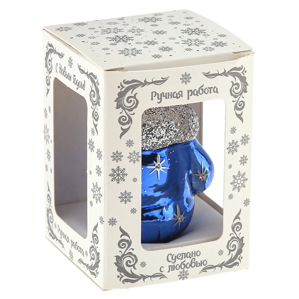 Елочная игрушка фигурка стеклянная Варежка h6см, синий, ручная художественная роспись, подарочная упаковка (Россия) - Домашняя мода фото 5