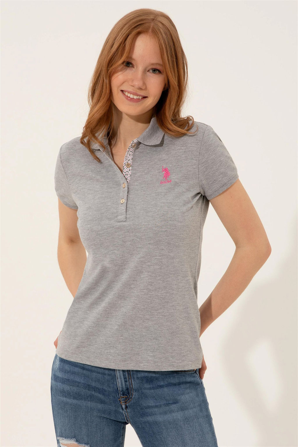 Женская серая меланжевая футболка с воротником поло Basic - U.s. polo assn фото 9