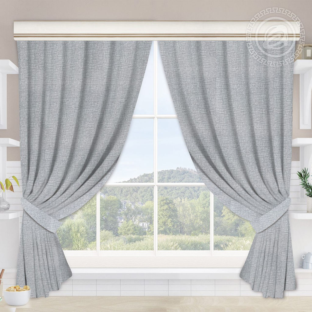 Шторы для кухни с подхватом Лен серый 145*180/Шторы: 2 шт.- 145*180, подхваты: 2 шт. Шторы АРТ ДИЗАЙН для кухни