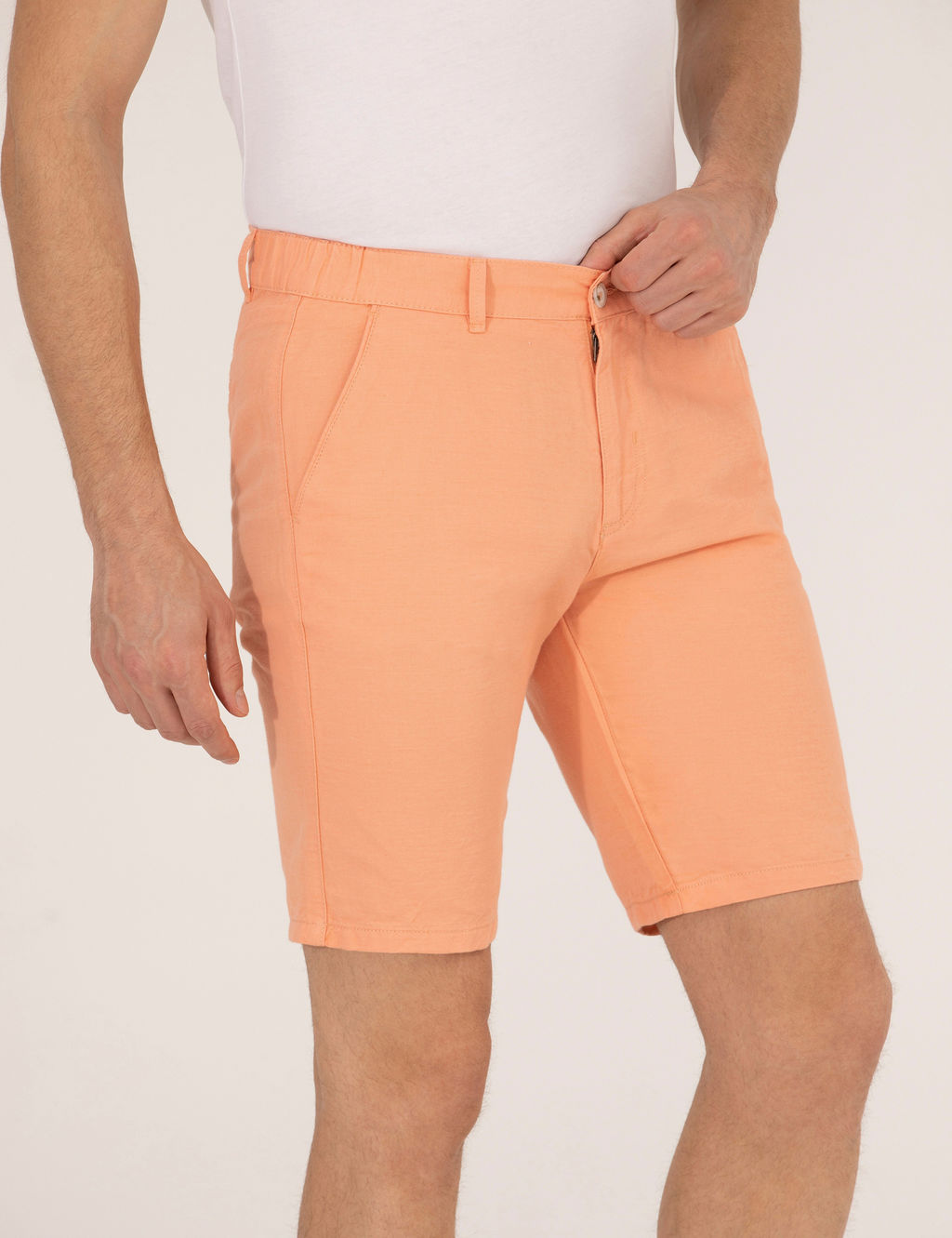 Turuncu Slim Fit Keten Kar___ml_ Beli Lastikli Bermuda _ort