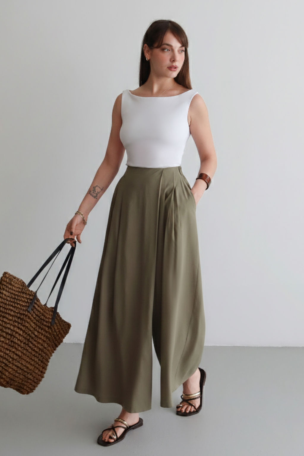 Haki Genis Paca Modal Tuseli Etek Gorunumlu Pantolon TWOSS26PL00081