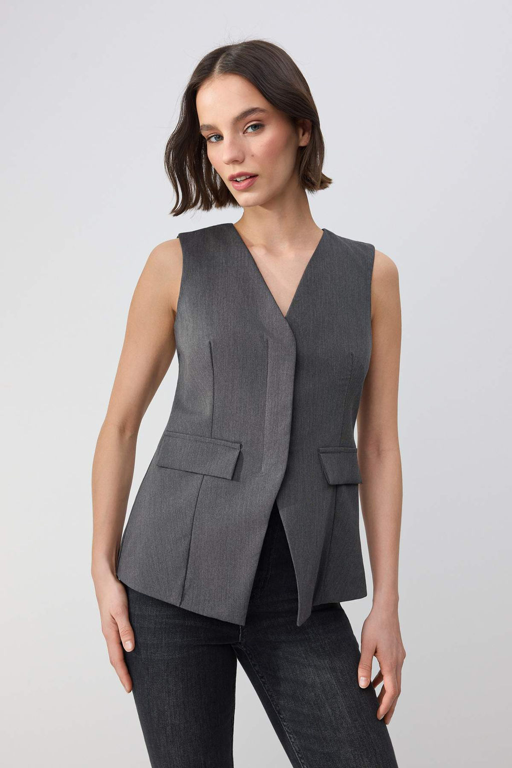 Antrasit Fitted/Vucuda Oturan Gizli Dugmeli Astarl? Dokuma Yelek TWOSS26YE00005 - Trendyolmilla фото 3