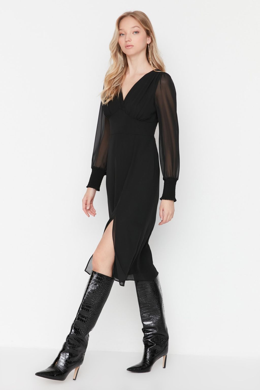 Trendyolmilla Siyah Midi Astarl? Korsaj Detayl? Dokuma Elbise TWOAW23EL01050