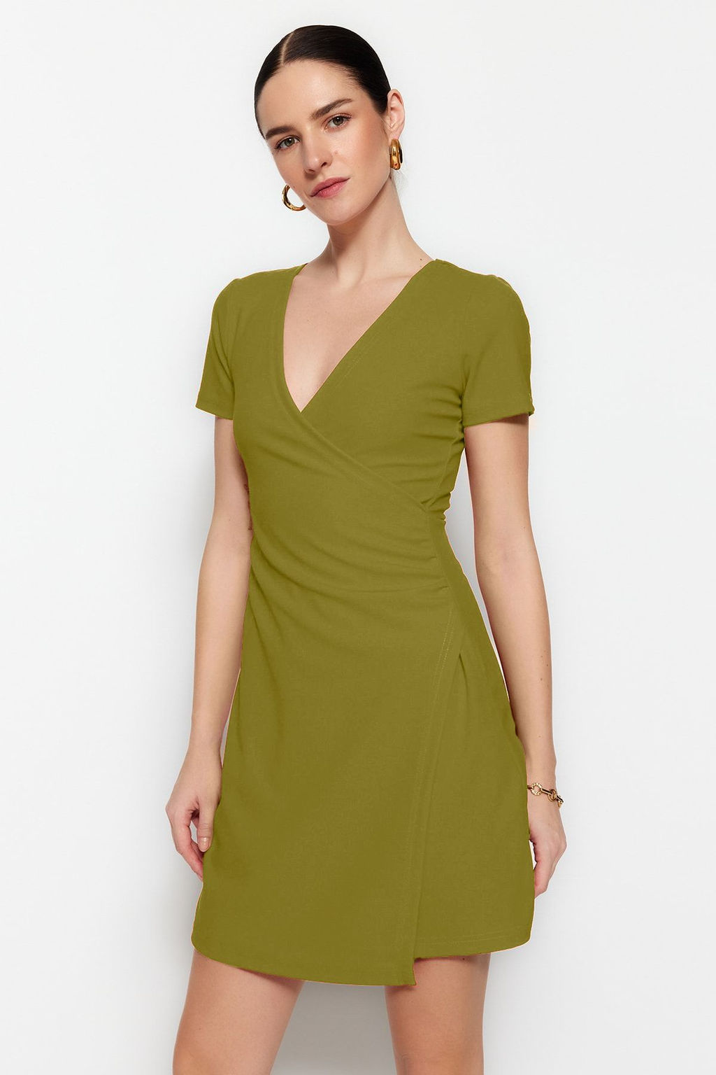 TRENDYOLMILLA Siyah Kruvaze Yaka A-Line Krep Mini Smart Orme Elbise TWOSS23EL01703 фото 10