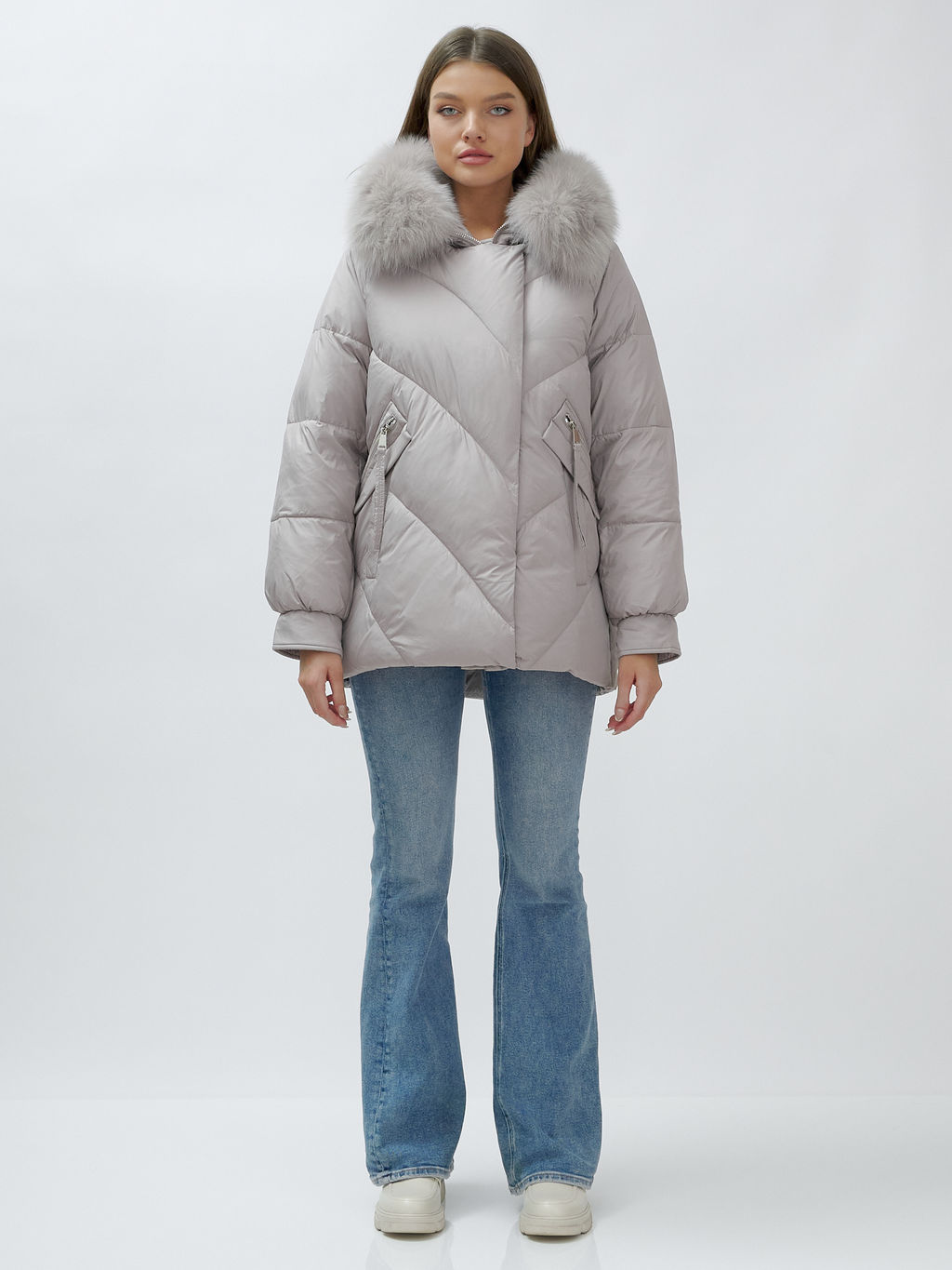 Полупальто женское зимние с мехом песец люкс класса серого цвета 6227Sr - Mtforce фото 2