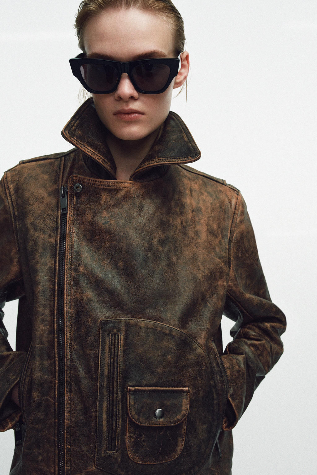 CHAQUETA BIKER PIEL 100% ZW COLLECTION LIMITED EDITION / Marr?n - Zara фото 7
