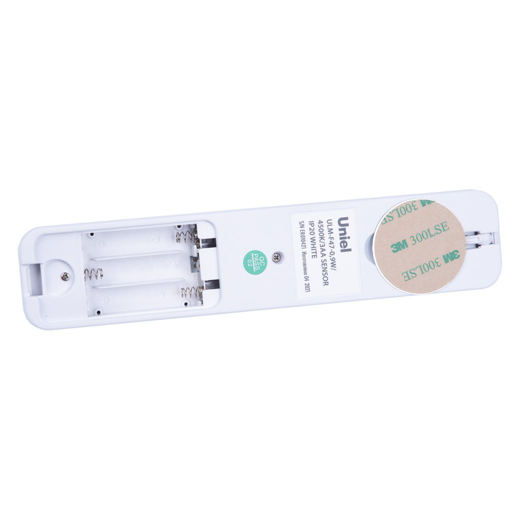 ULM-F47-0,9W/4500K/3AA SENSOR IP20 WHITE Светильник светодиодный для мебели с датчиком движения. Питание 3АА (не в/к). 200*42*36,5мм. 150Lm. ТМ Uniel