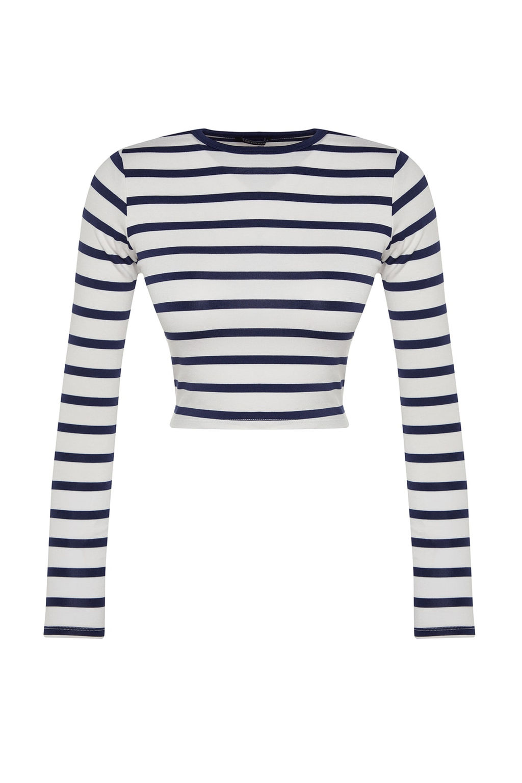 Lacivert Cizgili Premium Viskoz Yumusak Kumasl? Fitted Crop Esnek Orme Bluz TWOAW24BZ00048