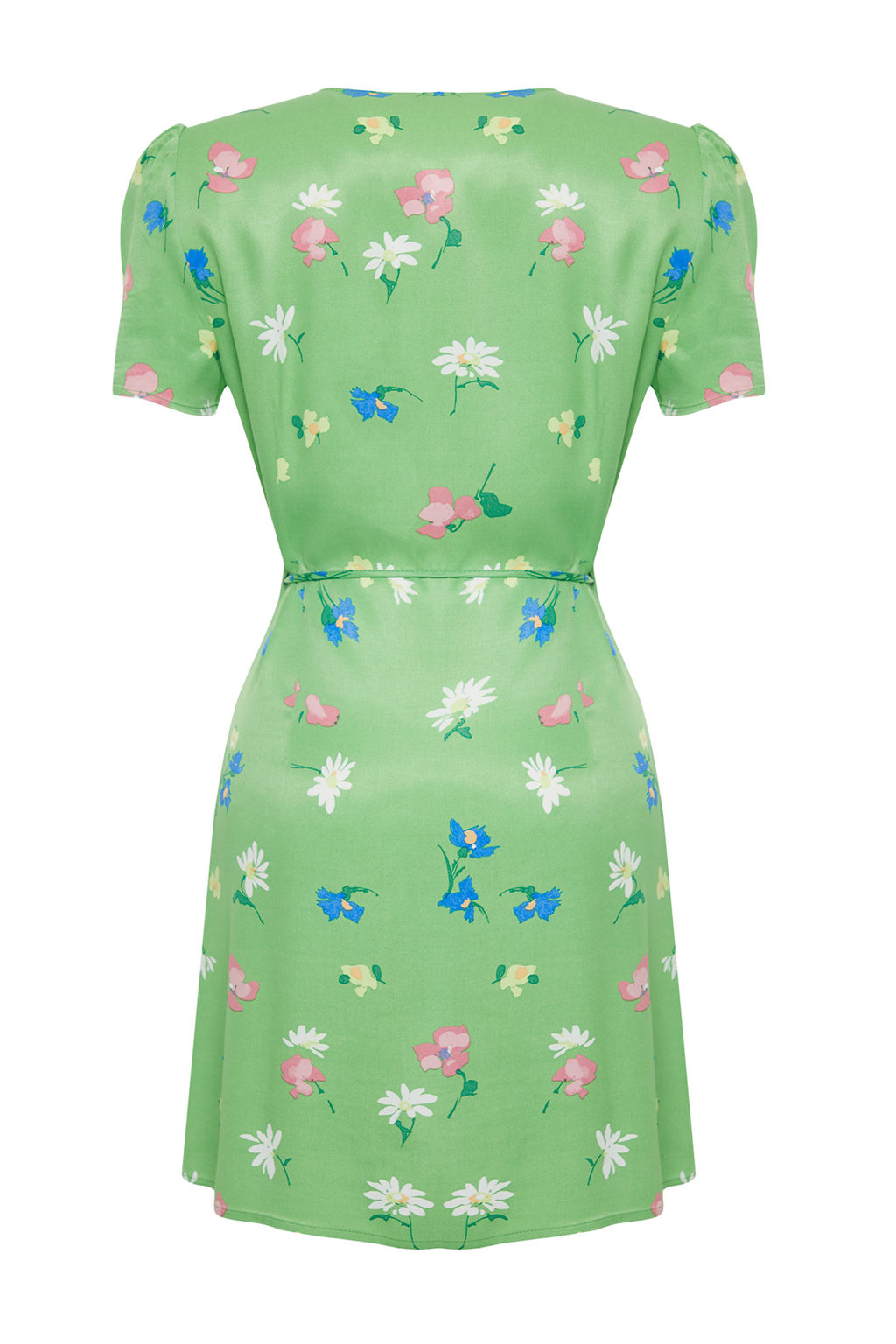 Yesil Cicekli A Kesim Derin V Yaka Saten Mini Dokuma Elbise TWOSS24EL00161