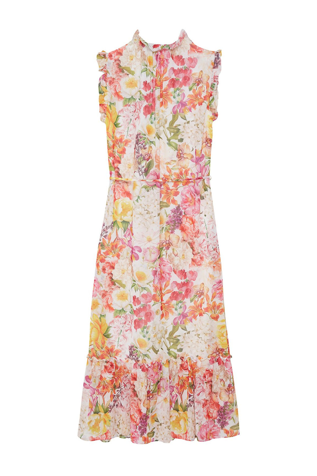 Ekru Cicek Desenli A-Kesim Midi Astarl? Sifon Dokuma Elbise TWOSS23EL01840