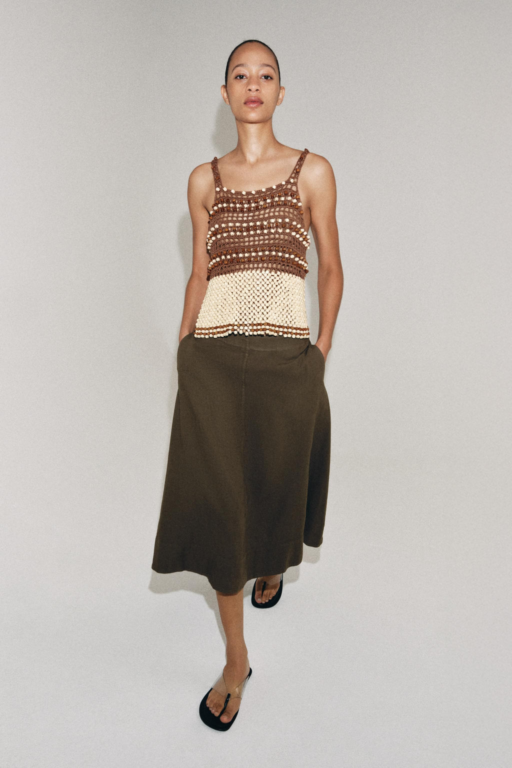 FALDA MIDI CON LINO ZW COLLECTION / Marr?n / Topo