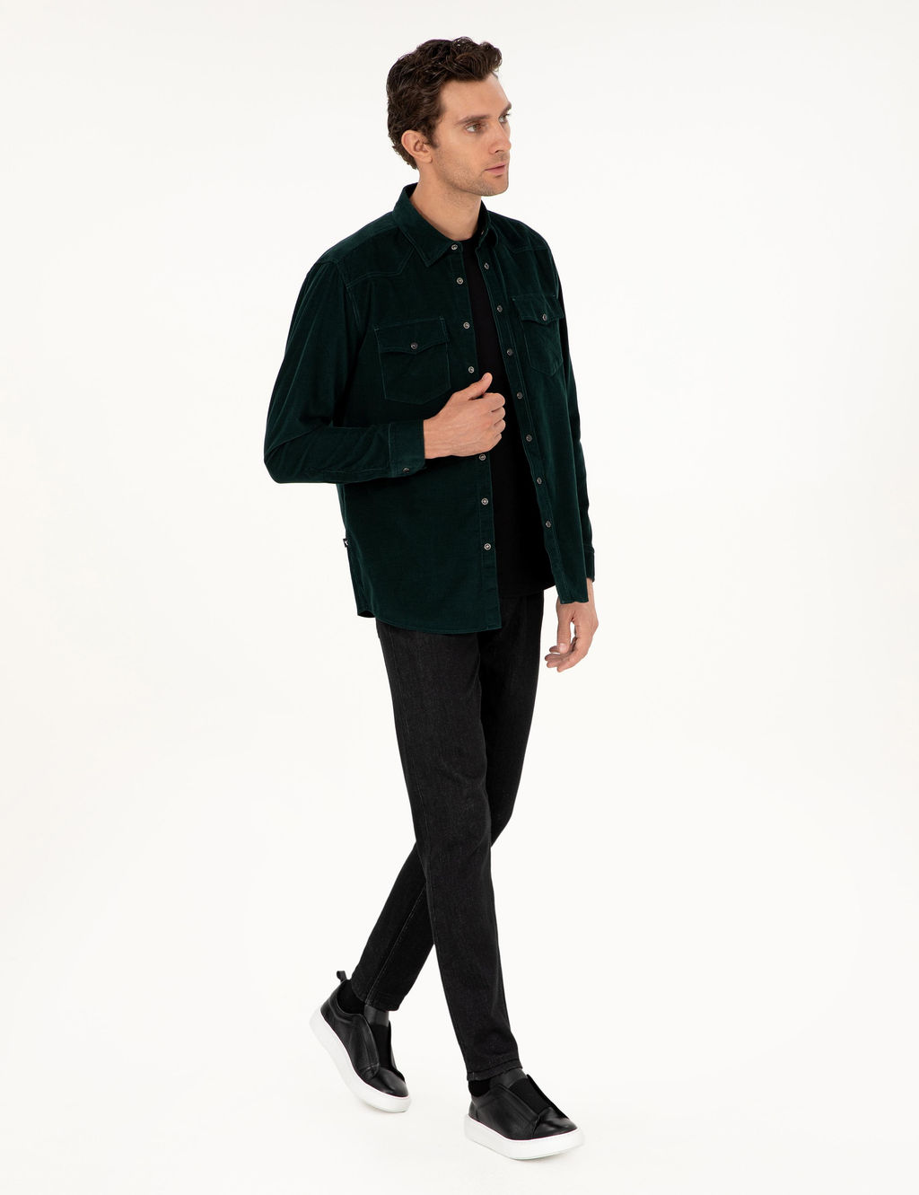 Темно-зеленая бархатная рубашка классического кроя - Cacharel фото 4