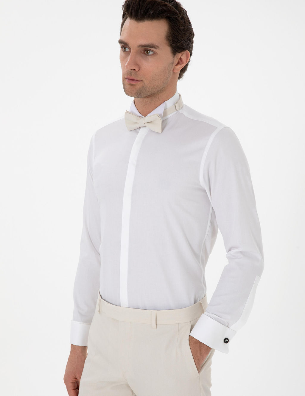 Beyaz Slim Fit Pamuk Kar___ml_ Ata Yaka Smokin G_mlek
