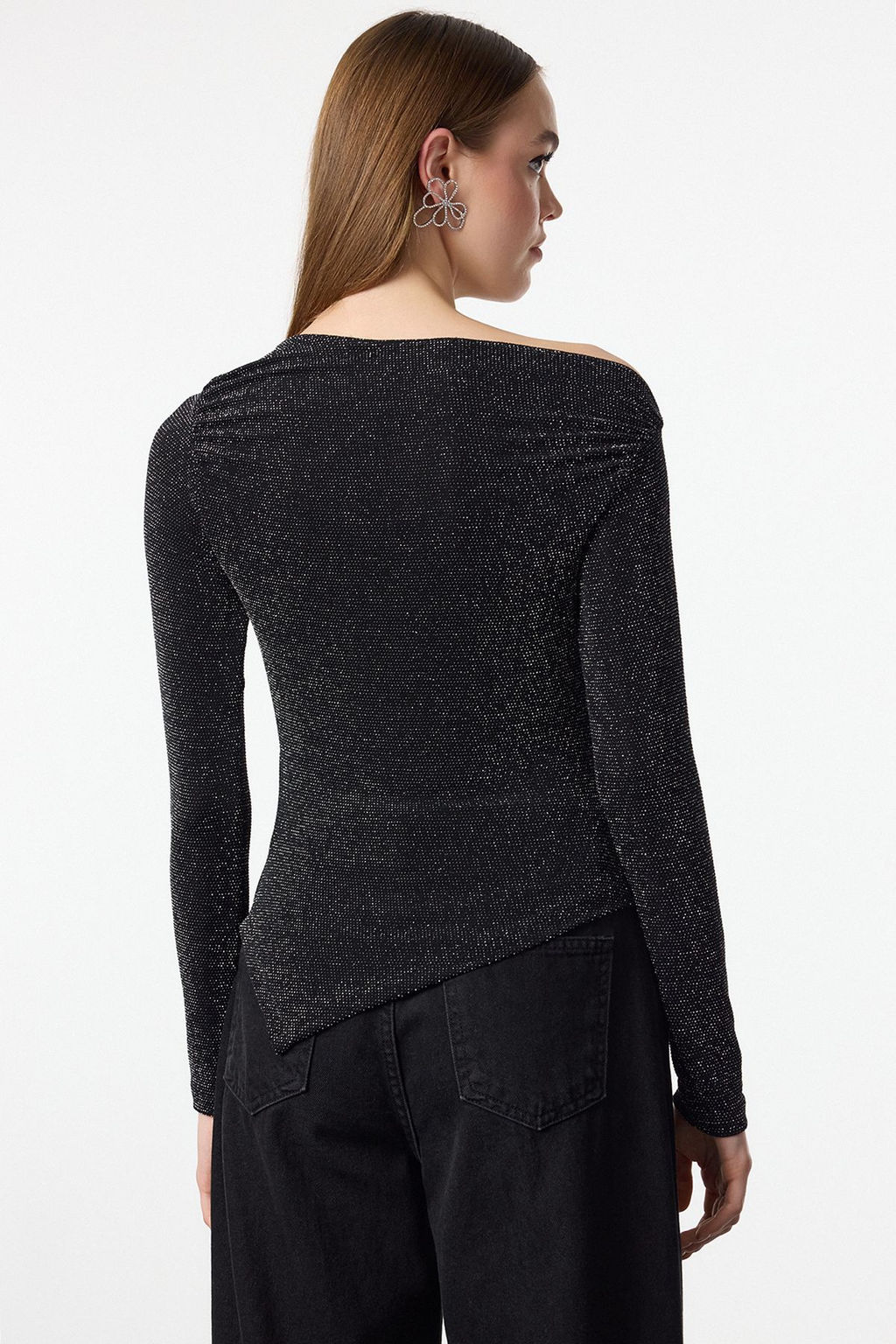 Antrasit Asimetrik Yaka Simli Orme S?k/Gece Party Bluz TPRAW25BZ00018