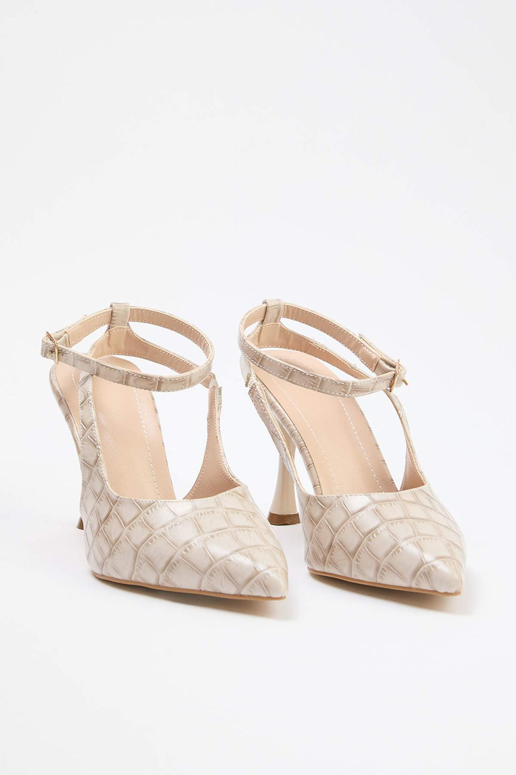 Bej Kroko Desenli Sivri Burun Kad?n 9 cm Ince Topuklu Ayakkab? TAKSS25TO00082