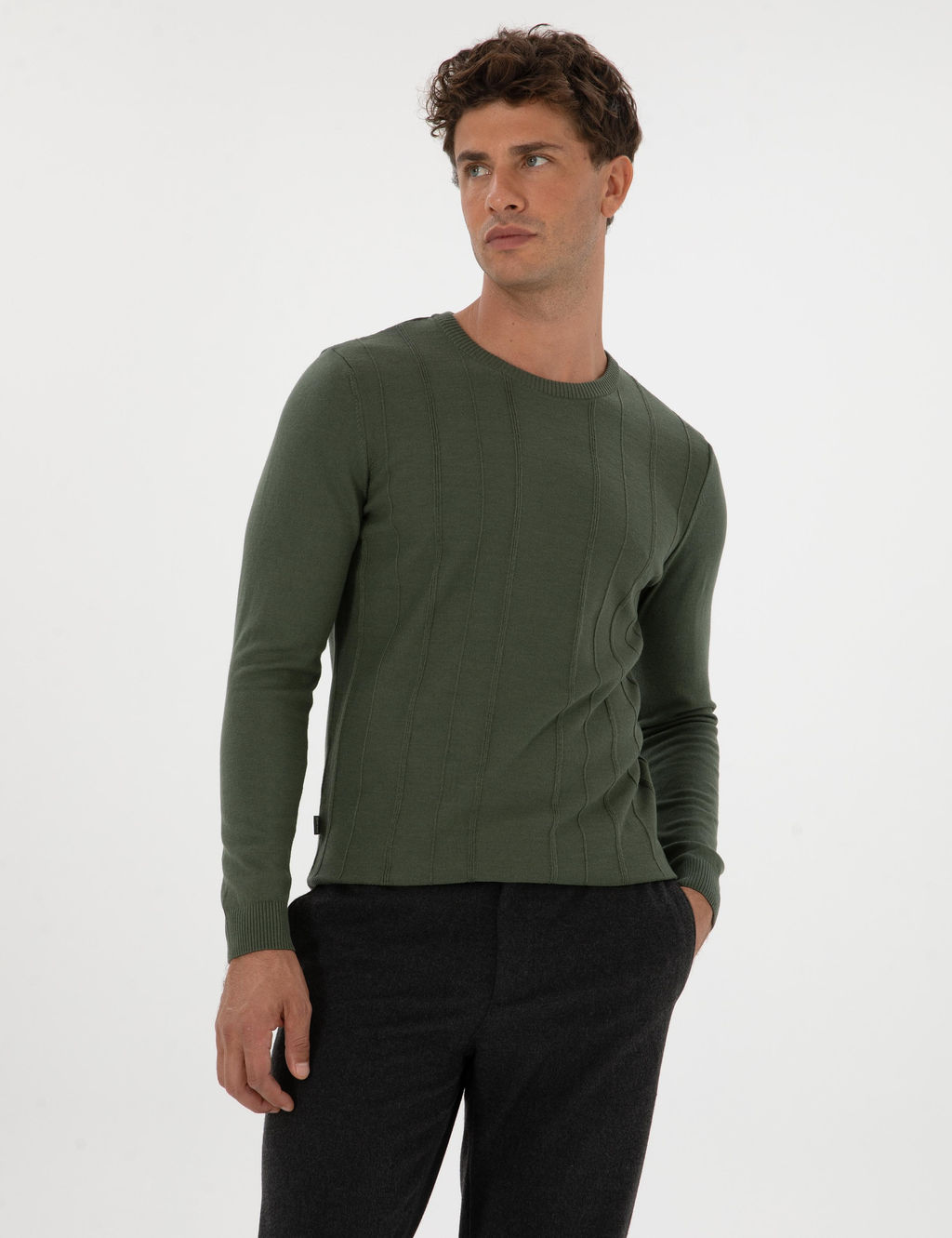 Koyu Haki Slim Fit Bisiklet Yaka Triko Kazak - Pierre cardin фото 3