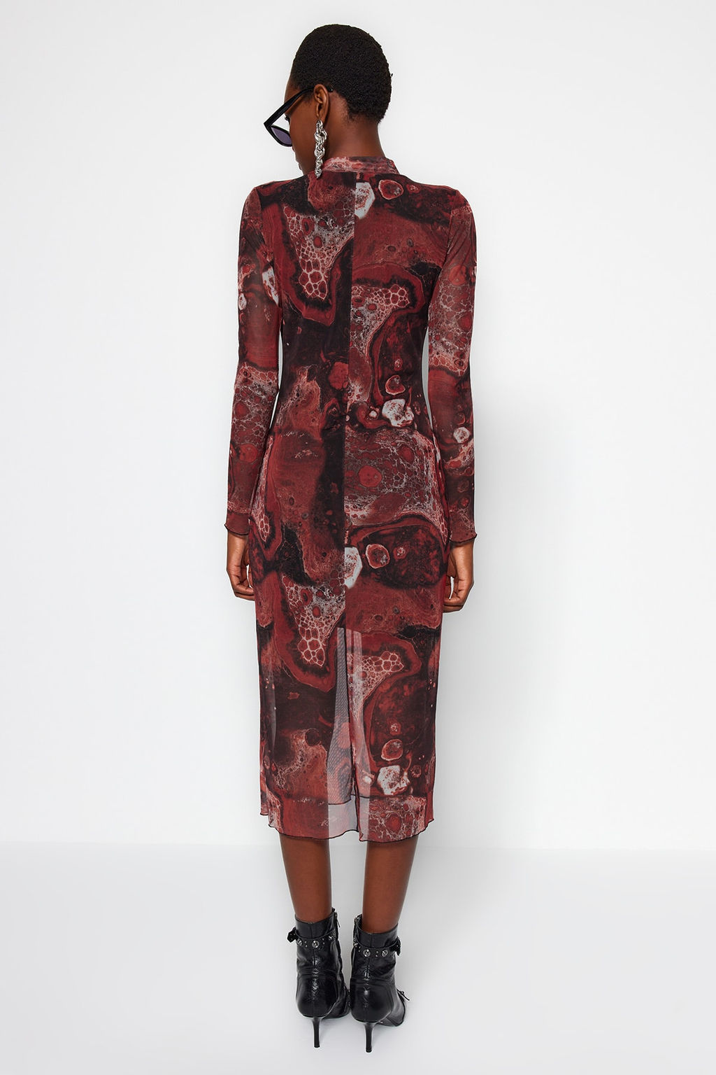 Kahverengi Bask?l? Tul Astarl? Vucuda Oturan Dik Yaka Midi Orme Elbise TWOAW24EL00165 - Trendyolmilla фото 11