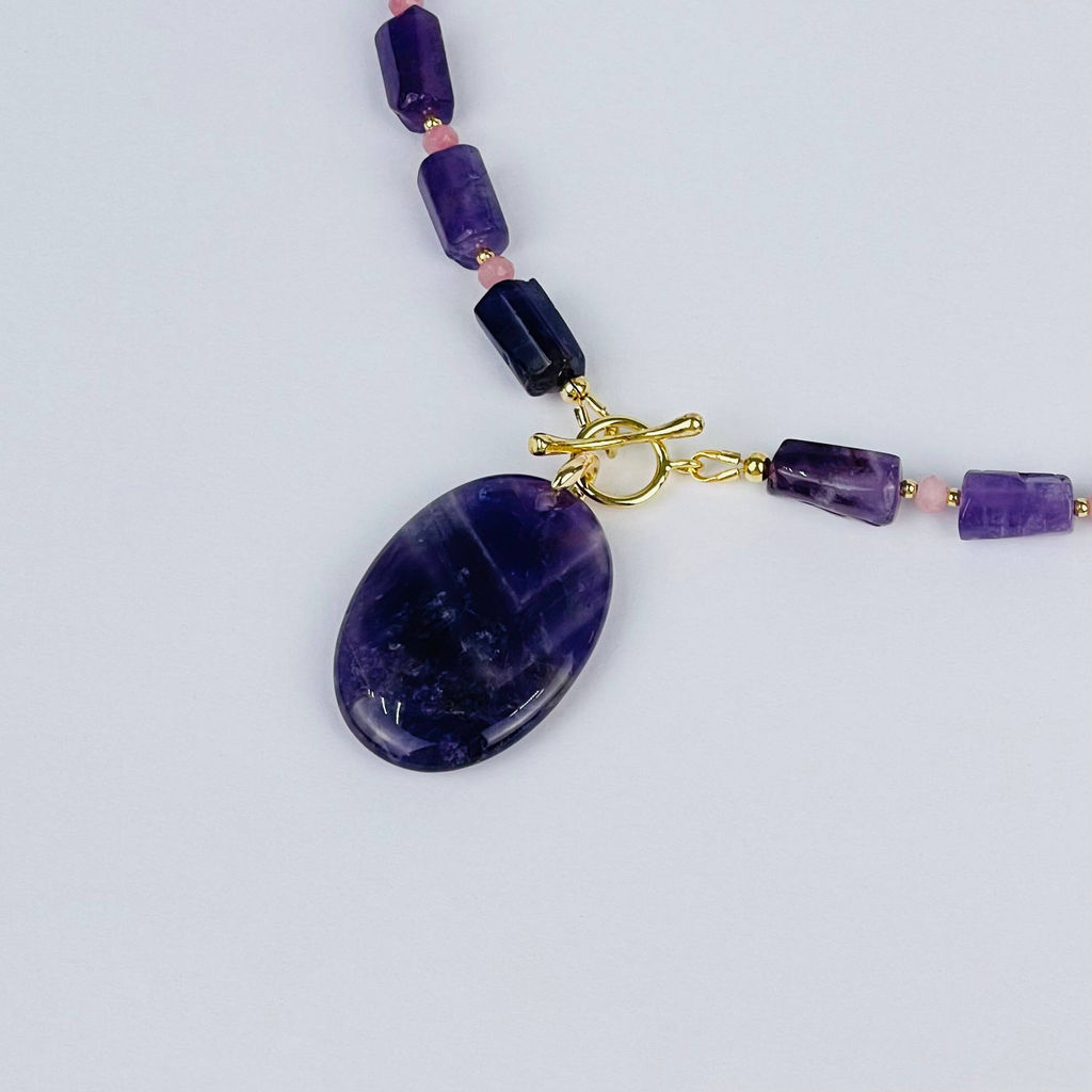 Колье из Аметиста и розового Кальцита - Радуга самоцветов фото 2