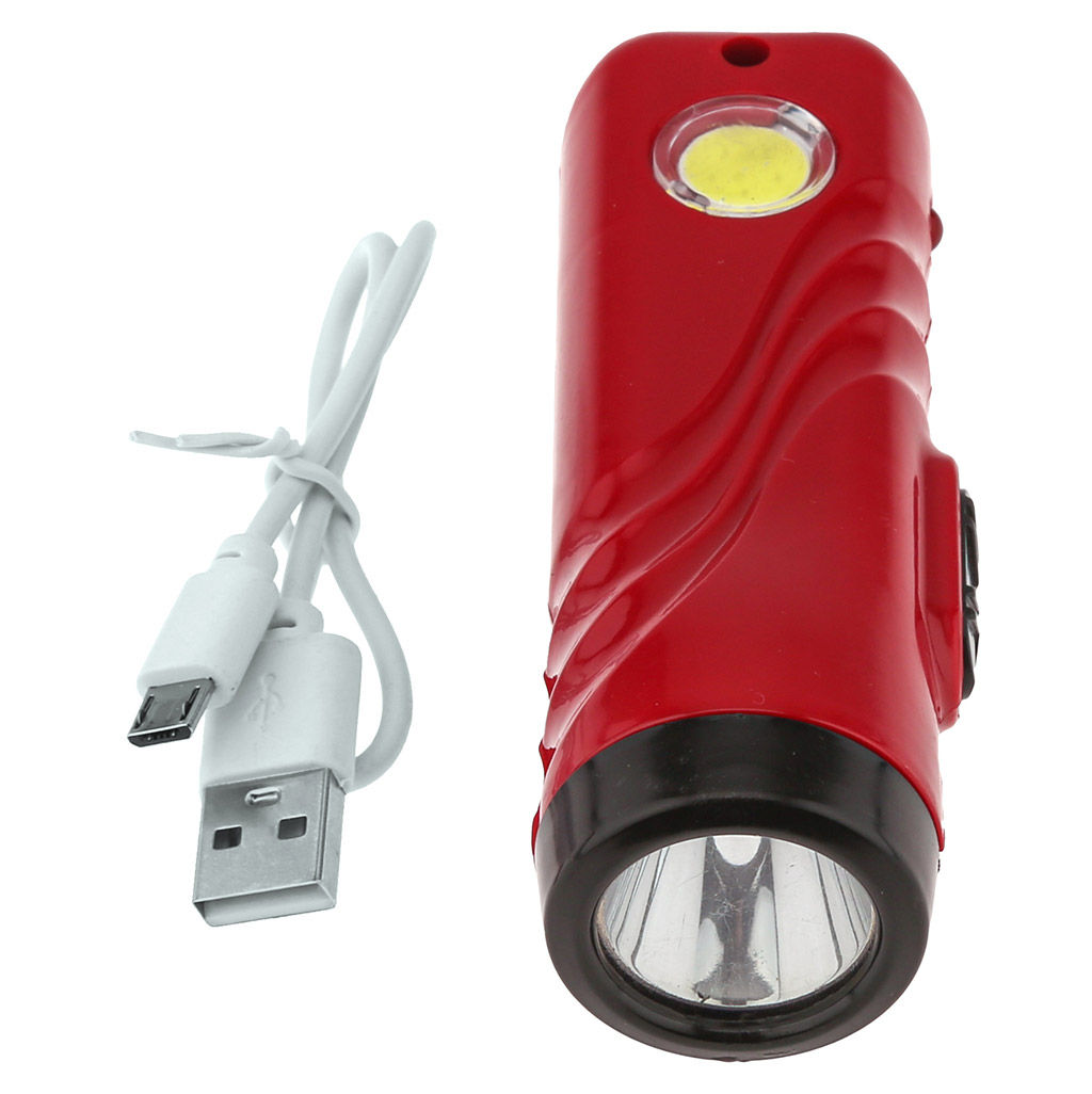 Фонарь ручной 10,7х3,4х3,8см, 2 режима свечения: максимальный; боковой на панеле корпуса, две светодиодные лампы 1Вт/COB, встроенный аккумулятор емкостью 800 мАч, пластиковый корпус, цвет - красно-черный, с USB зарядкой, USB-кабель длиной 28см в комп - Домашняя мода фото 2