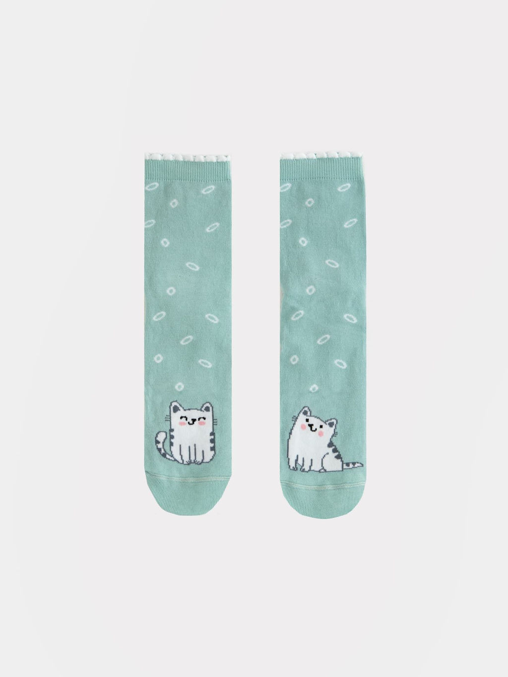 Цена за 5 пар! Носки детские мятные с пикотом на борту и рисунком в виде котиков - Mark formelle фото 4