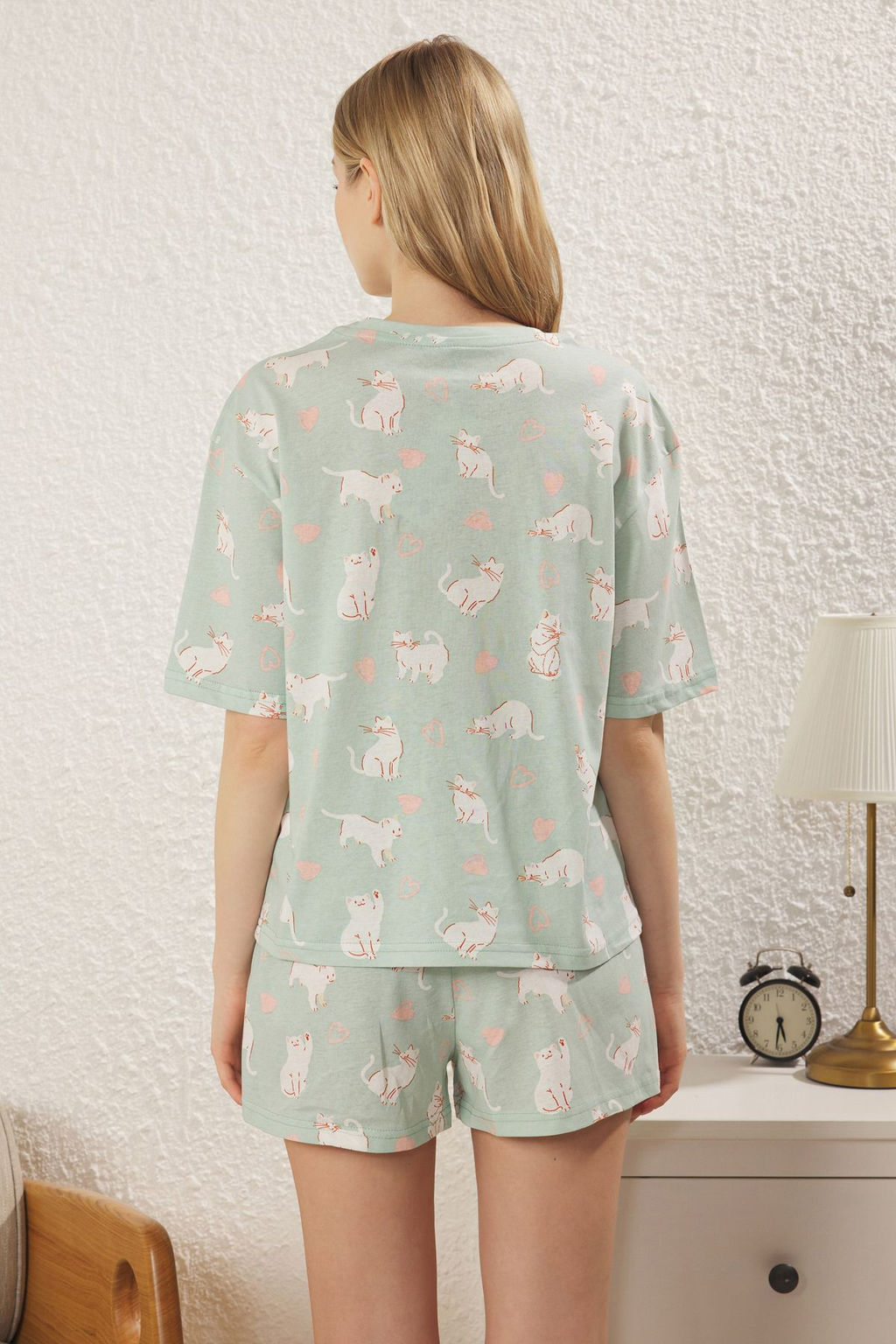 Trendyolmilla Yesil %100 Pamuklu Kedili ve Kalpli Sortlu Orme Pijama Tak?m? THMSS25PT00240  фото 5