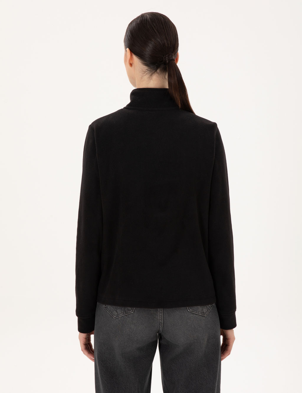 Siyah Comfort Fit Fermuarl_ Polar Sweatshirt