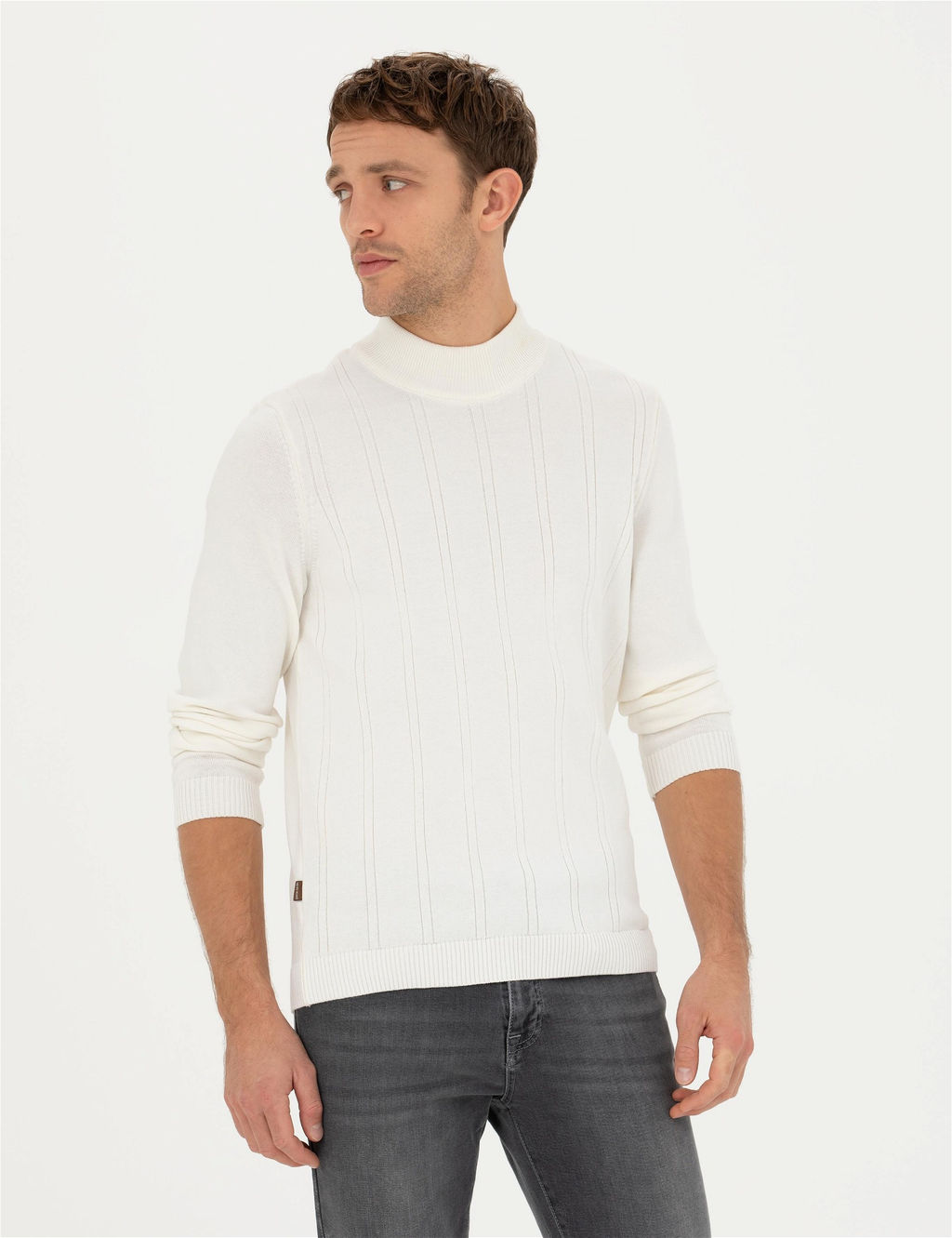 Ekru Slim Fit Yar_m Bal_k__ Yaka Triko Kazak
