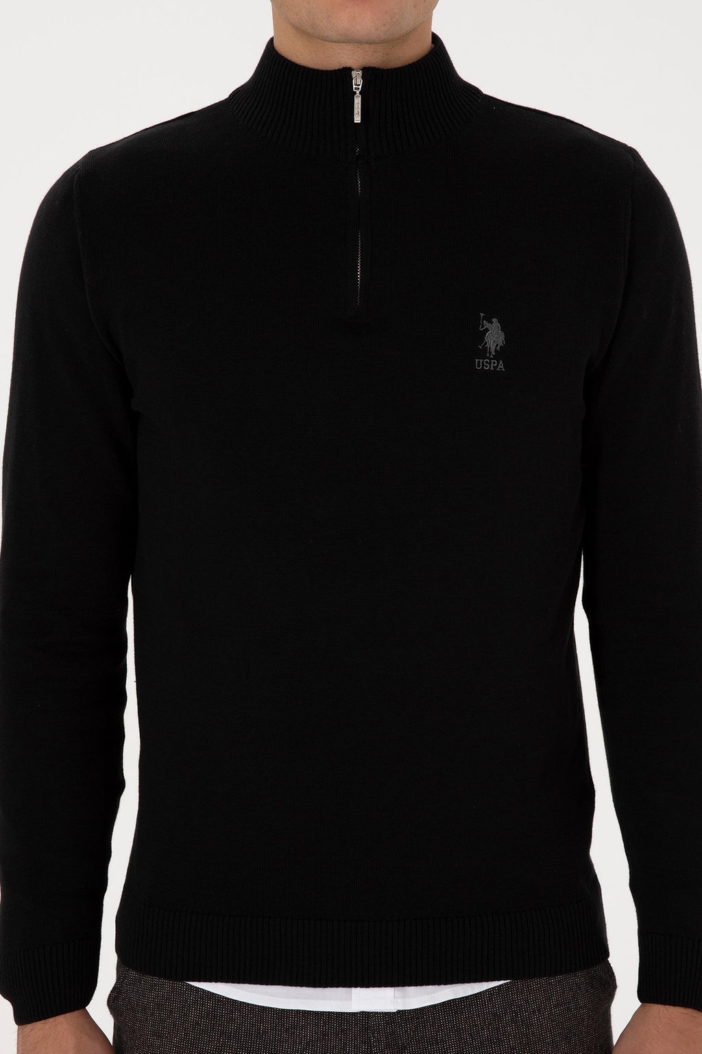 Erkek Slim Fit Yar_m Fermuarl_ Siyah Kazak
