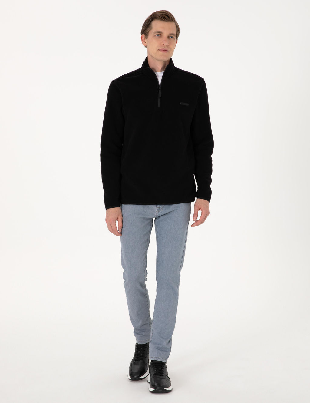 Siyah Regular Fit Yar_m Fermuarl_ Polar Sweatshirt