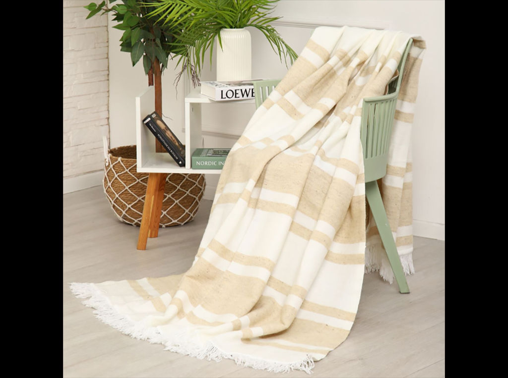 Плед 50% шерсть 150*205 "ПД-350 цв. белый с бежевым (Россия ВВТ)