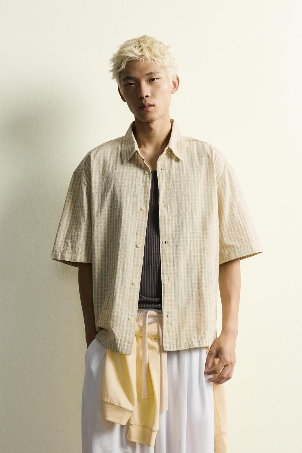 CAMISA BOXY FIT CUADROS / Blanco / Verde