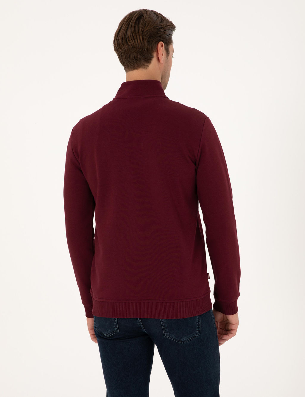 Bordo 3 _plik Regular Fit Fermuarl_ Dik Yaka Basic Sweatshirt