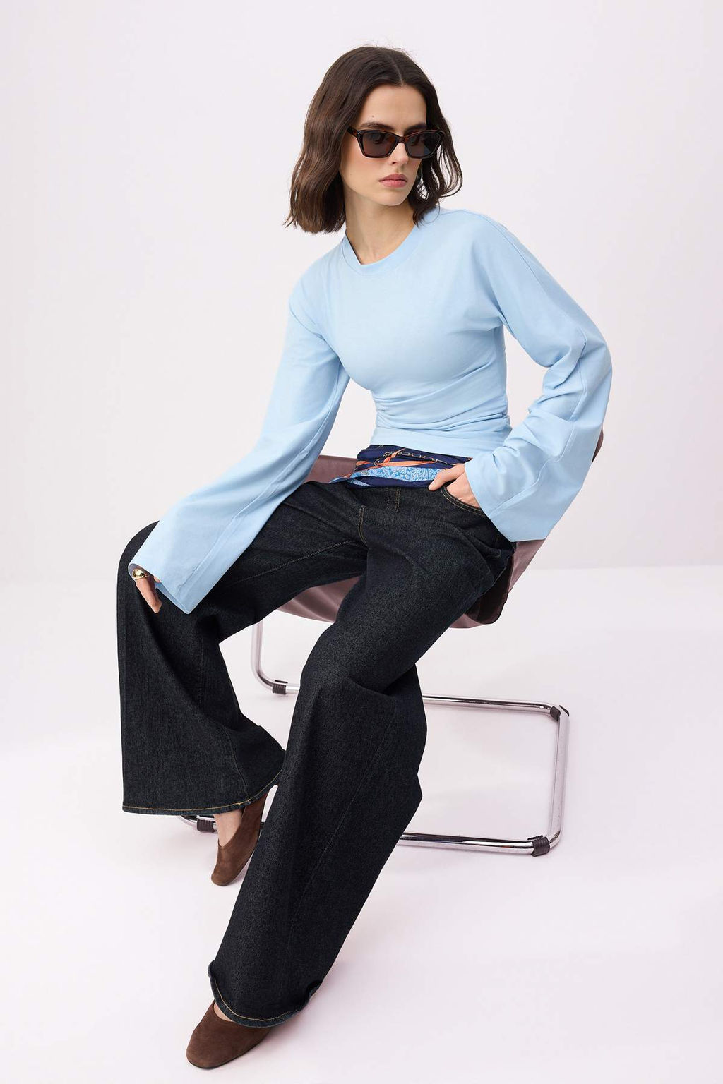 Ac?k Mavi Ispanyol Kol Buzgu Detayl? Regular/Normal Kal?p Orme Bluz TWOAW26BZ00293