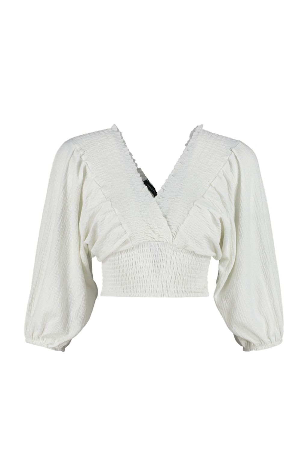 Trendyolmilla Ekru Gipeli Balon Kol V Yaka Burumcuk/Dokulu Crop Orme Bluz TWOSS23BZ00840