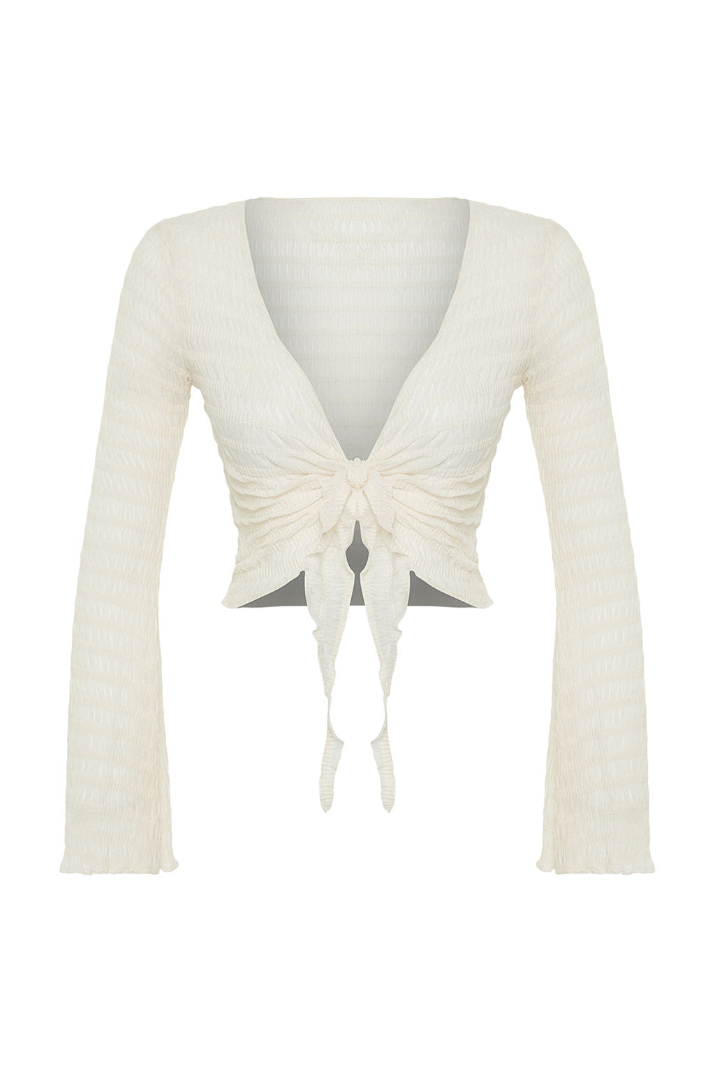 Ekru Premium Dokulu Fitted/Vucuda Oturan Baglama Detayl? Esnek Orme Bluz TWOSS24BZ00015