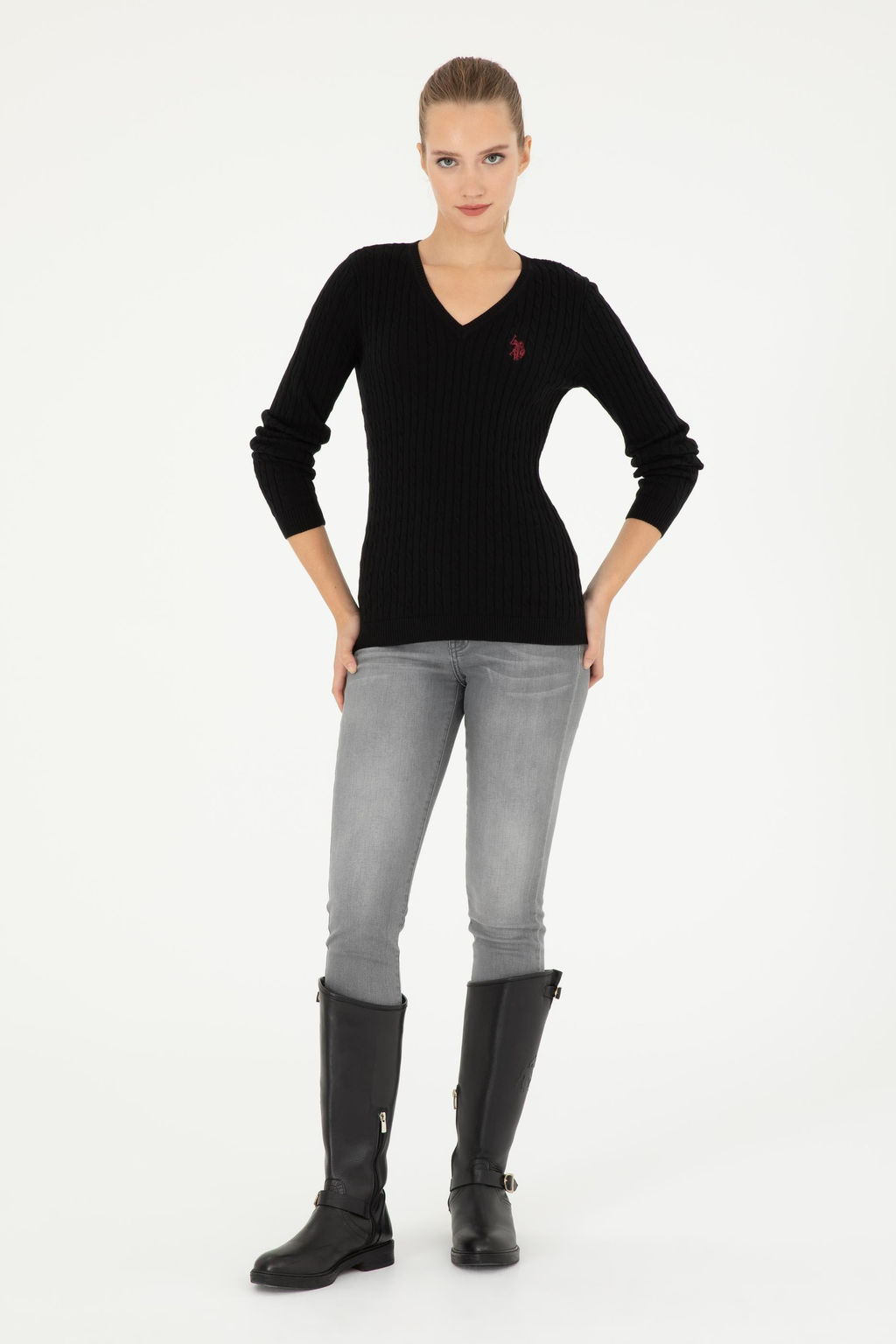 Женский черный базовый свитер с v-образным вырезом Неожиданная скидка в корзине - U.s. polo assn фото 11