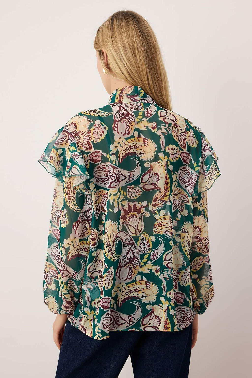 Yesil-Cok Renkli Sifon Sal Desenli Fular Yaka Dokuma Bluz TWOAW26BZ00277 - Trendyolmilla фото 4