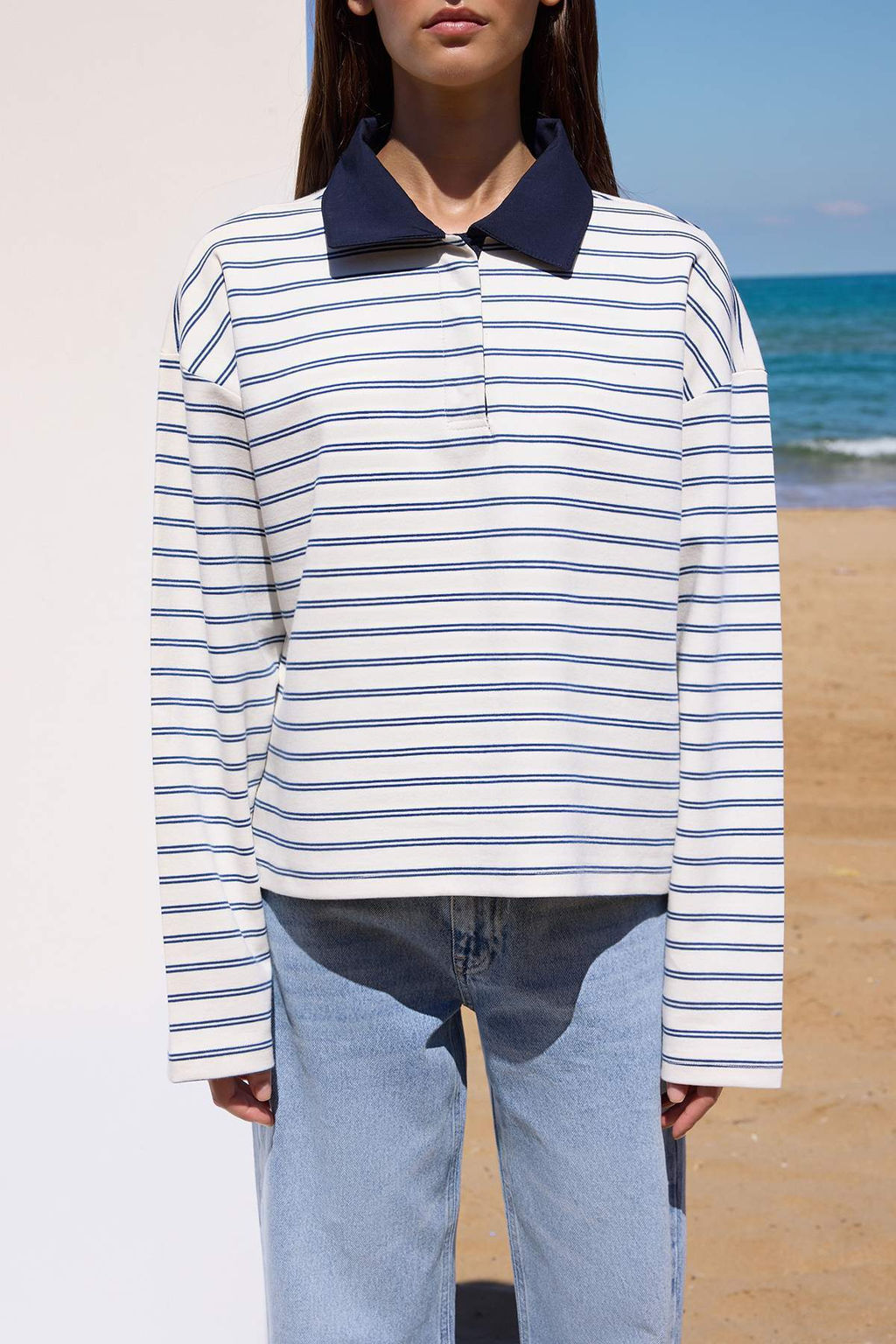 Ekru Cizgili More Sustainable Dokuma Yaka Detayl? Regular Orme T-shirt/Sweatshirt TWOAW26TS00004 - Trendyolmilla фото 3