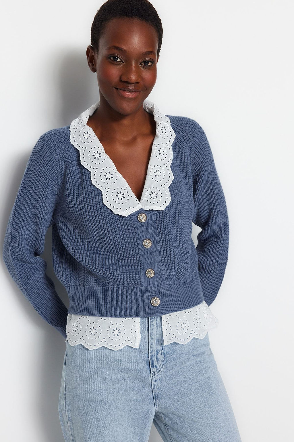 Indigo Crop Gomlek Garnili Detayl? V Yaka Triko H?rka TWOAW24HI00221