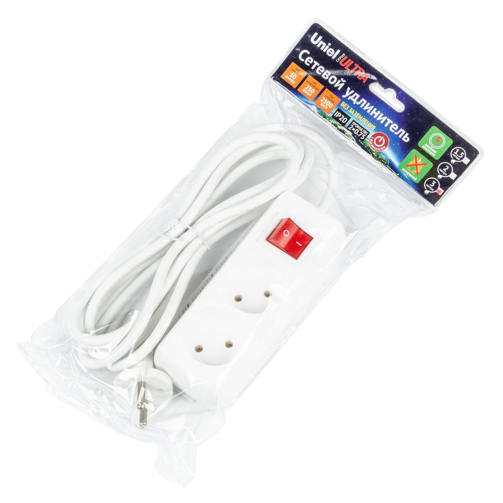 S-CU2-3B WHITE Удлинитель серии Ultra, шнур 3м., 2 гнезда, 10A, б/з. Белый. TM Uniel